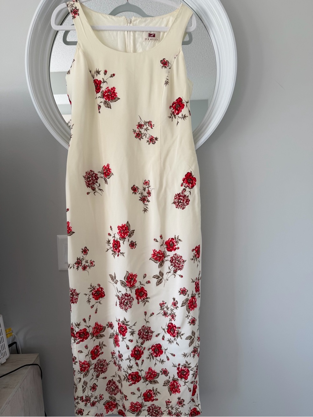 Vintage 90s Hamells Floral Column Dress Cream Red Rose Midi Tank Size US 8 UK 12